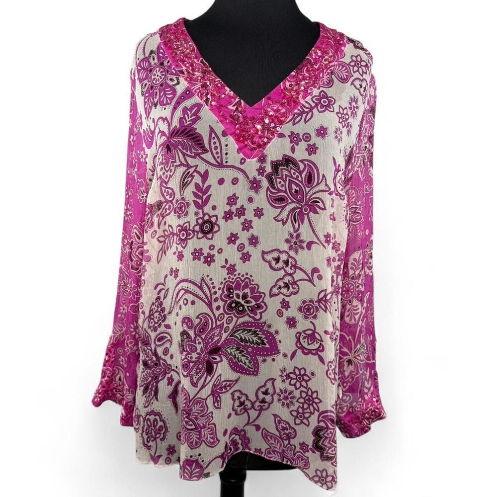 Vintage Silkland Tunic Top 1X 100% Silk Y2K Beaded Boho‎ Tunic Pink Floral Sheer